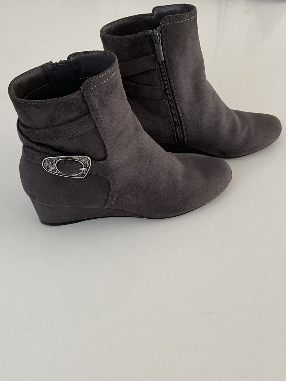 IMPO Dark Gray Suede GATES Ankle Booties with Decorative Buckle